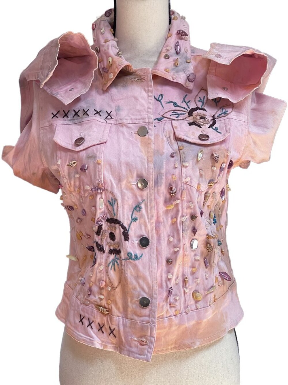 ANTICA Italy Pink Denim Trucker Jacket Seashell Crochet Coastal Boho XS - Picture 13 of 13